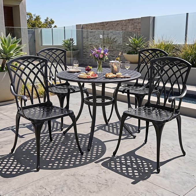 NUU GARDEN 5-Piece Outdoor Dining Set, 33" Cast Aluminum Dining Table with Umbrella Hole and 4 Cast Aluminum Chairs, Patio Table and Chair Set, Patio Dining Set for Poolside Deck Yard Balcony, Black