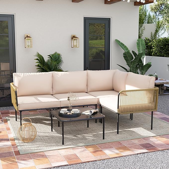 Patio Furniture Set, 5 Piece Outdoor Patio L-Shaped Conversation Set with Cushions and Table, All-Weather Rattan Woven Sectional Sofa for Backyard, Porch, Boho Detachable Lounger (Beige)