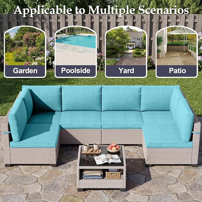 Patio Furniture Set, 9-Piece Outdoor Sectional Sofa with Ottomans & 2-Layer Glass Coffee Table, Wicker Patio Conversation Set with Cyan Cushions for Poolside