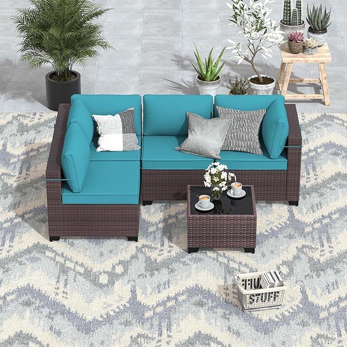 ALAULM 5 Pieces Patio Furniture Set Wicker Patio Conversation Set, Outdoor Sectional Furniture w/Coffee Table & Washable Seat Cushions-Blue