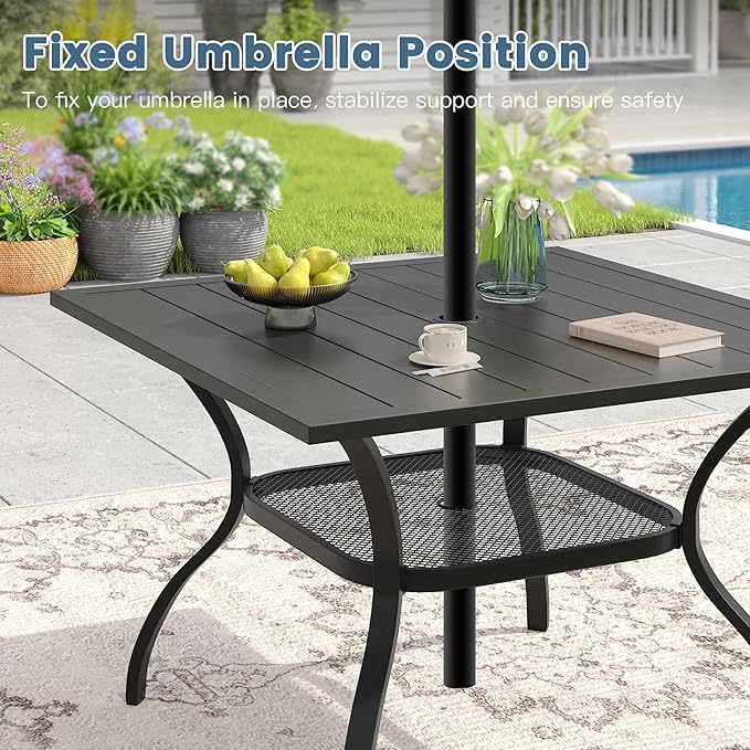 DIFY 5 Piece Outdoor Patio Dining Set for 4, 37.8" Black Square Metal Dining Table and Swivel Patio Chairs with Brown Padded Textilene, All-Weather Outdoor Furniture Set for Garden Backyard Porch