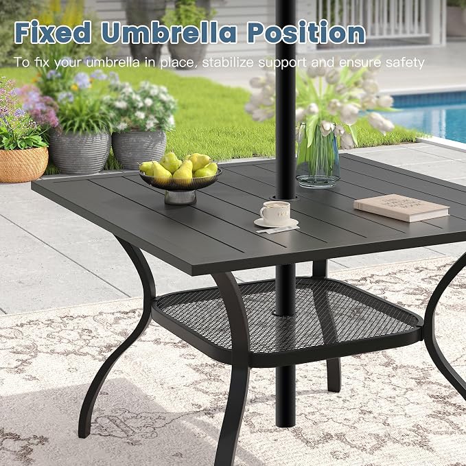 DIFY 5 Piece Outdoor Dining Set for 4, 37.8" Black Square Metal Dining Table with Umbrella Hole and Stackable Wicker Patio Chairs, All-Weather Patio Table and Chairs Set for Deck Garden Backyard
