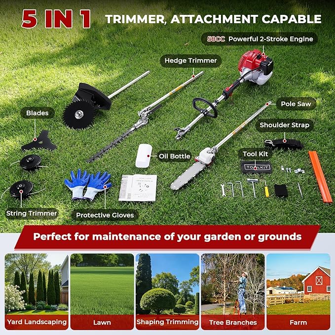 6-in-1 Gas Powered Multi-Functional Garden Tool, 58CC 2-Cycle String Trimmer & Weed Wacker, Includes Pole Saw, Hedge Trimmer and Brush Cutter for Clearing, Pruning & Professional Lawn Maintenance