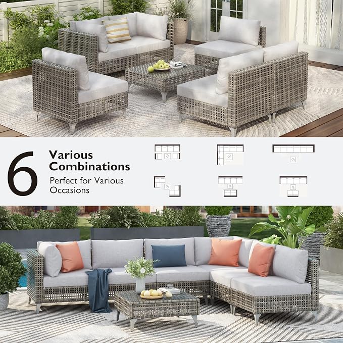 YOPTO 7-Piece Wicker Patio Furniture Set with Water Resistant Thick Cushions & Coffee Table,Outdoor Conversation Set Sectional Sofa W/Removable Cushions Cover,Free Combination,for Patio,Backyard,Gray