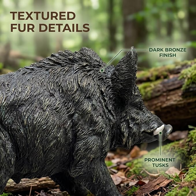 Rustic Wild Boar Garden Statue, Black, 21.26 Inch Resin | Animal Sculpture, Textured Fur & Prominent Tusks, Outdoor Ornament, For Lawn, Patio & Woodland Landscape
