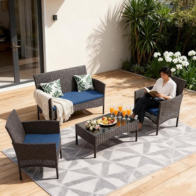 Gotland 4-Piece Outdoor Patio Furniture Set, Wicker Rattan Chairs & Sofa with Cushions and Glass Coffee Table, Conversation Set for Backyard, Lawn, Porch, Pool, Garden (Navy-2)