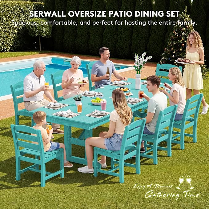 SERWALL 9 Piece 84" HDPE Outdoor Dining Set for 8 with Armless Chairs and Umbrelle Hole, Aruba