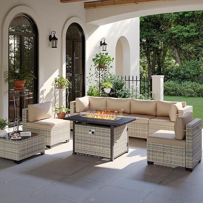 8-Piece Modern Patio Conversation Set with 55,000 BTU Fire Pit Table, Thick Cushions, Dual-Strand Wicker Rattan, Rust-Resistant Frame, Khaki