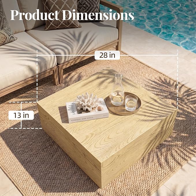 UPHA 28" Square Outdoor Coffee Table, Modern Hollow Concrete Patio Table, Small Minimalist Low Accent Table for Living Room, Balcony, Deck, Backyard, Natural Wood Finish
