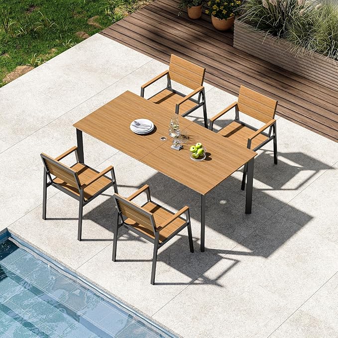 Outdoor Dining Set for 4, Aluminum Patio HDPS Outdooor Table and Chairs Set with Umbrella Hole, All Weather Patio Furniture Set, 5 Peice Patio Dining Table Set (Gray & Teak)