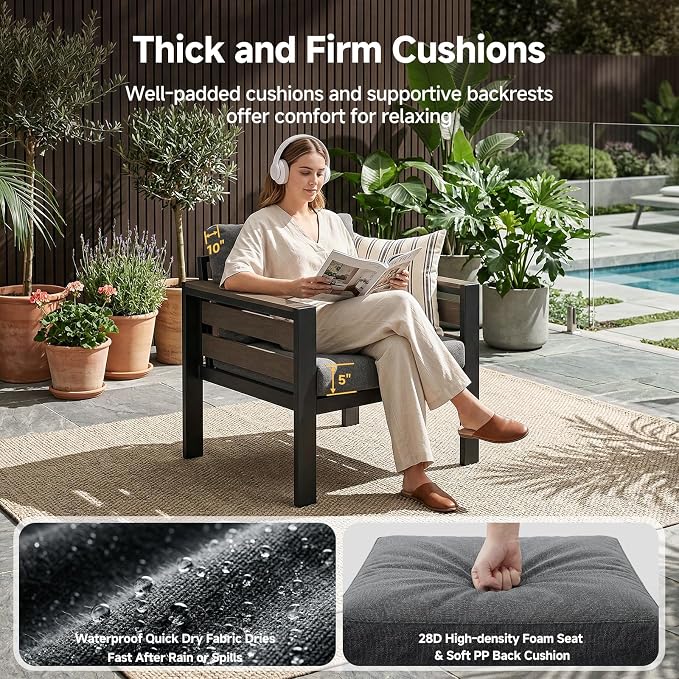 Outdoor Aluminum Patio Furniture Armchair, 2Pcs Rust-resistant Patio Conversation Armchair with Thick Washable Cushions and Coffee Table, Oversized 3.2” Widened Armrest for Backyard Porch Deck