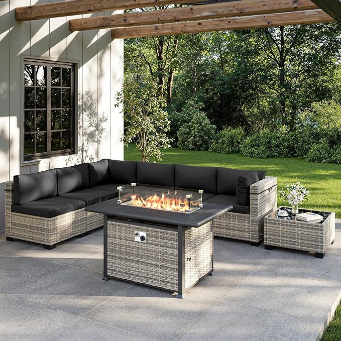 8-Piece Outdoor Patio Furniture Set with 55,000 BTU Fire Pit Table, PE Wicker Rattan Sectional Sofa Conversation Set - All-Weather Garden, Backyard Furniture, Dark Grey