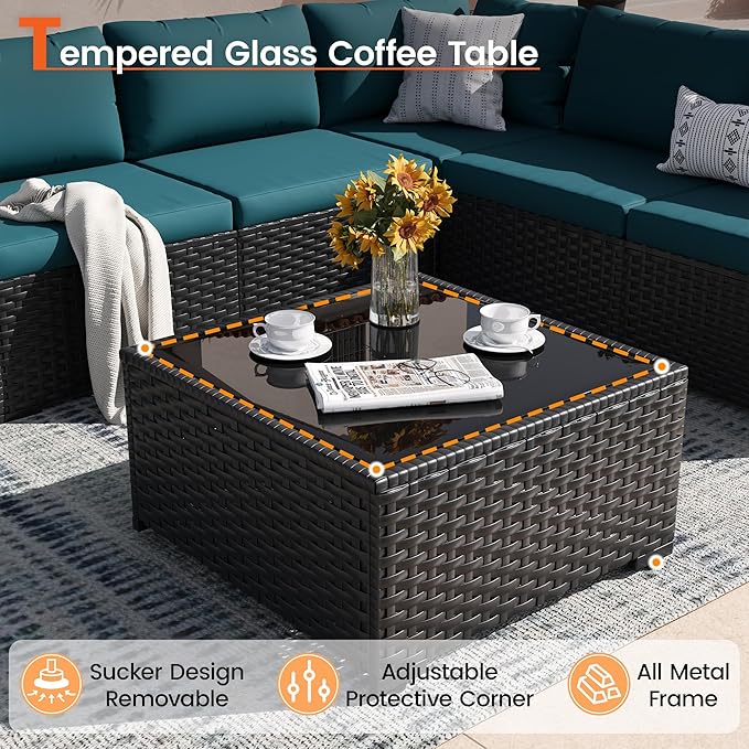 Patio Furniture Set, 7-Piece Outdoor Sectional All-Weather Wicker Patio Conversation Set for Backyard, Garden, Peacock Blue