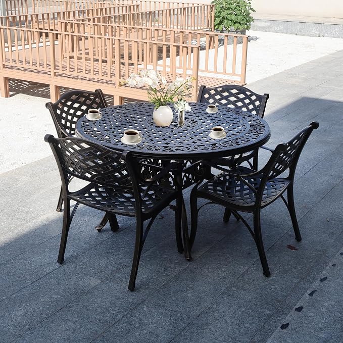 48.23" Patio Dining Table, All-Weather Cast Aluminum Table with 2.36" Umbrella Hole, Patio Furniture Table, Outdoor Dining Table for Backyard and Poolside