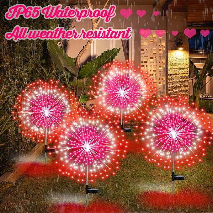 Tujoe 4 Pack Valentines Day Solar Firework Lights 180 LED 8 Lighting Modes Waterproof Solar Lamps Decorative Garden Stake Lights for Valentines Wedding Party Pathway Patio Decor