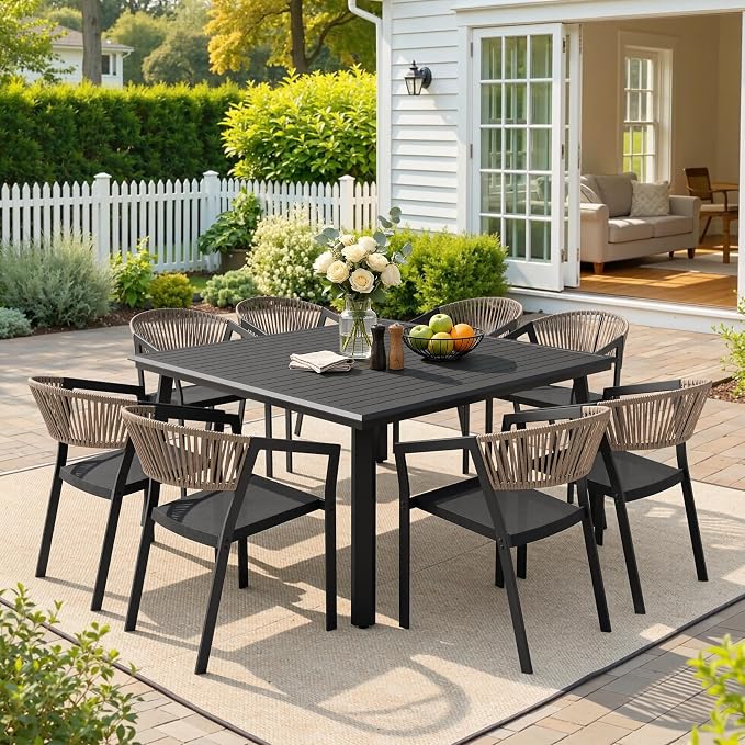 9-Piece Aluminum Square Patio Dining Set with 8 Stackable Wicker Chairs | 57" Outdoor Dining Table and with 8 Brown Barrel Chairs Weather Resistant Furniture for Backyard, Deck, Poolside
