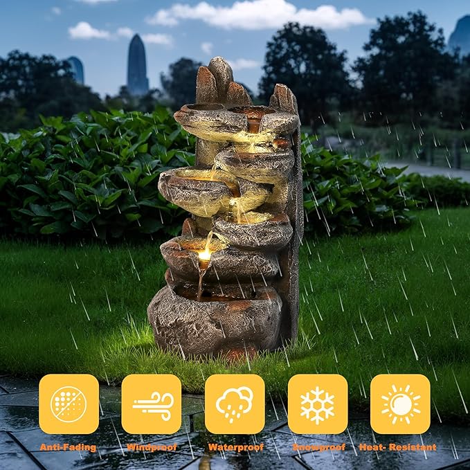MAGIC UNION 6-Tier Cascading Rock Water Fountain, 27" H Outdoor Freestanding Rockery Fountain with LED Light and Pump, Outdoor Garden Waterfall Decor for Patio, Yard and Deck Decor, Natural Stone Look
