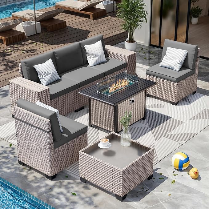 7-Piece Outdoor Patio Furniture Set with Fire Pit, Modular Sectional Sofa Set with Glass Coffee Table and Cushions, Wicker Outdoor Couch Conversation Sets, Gray