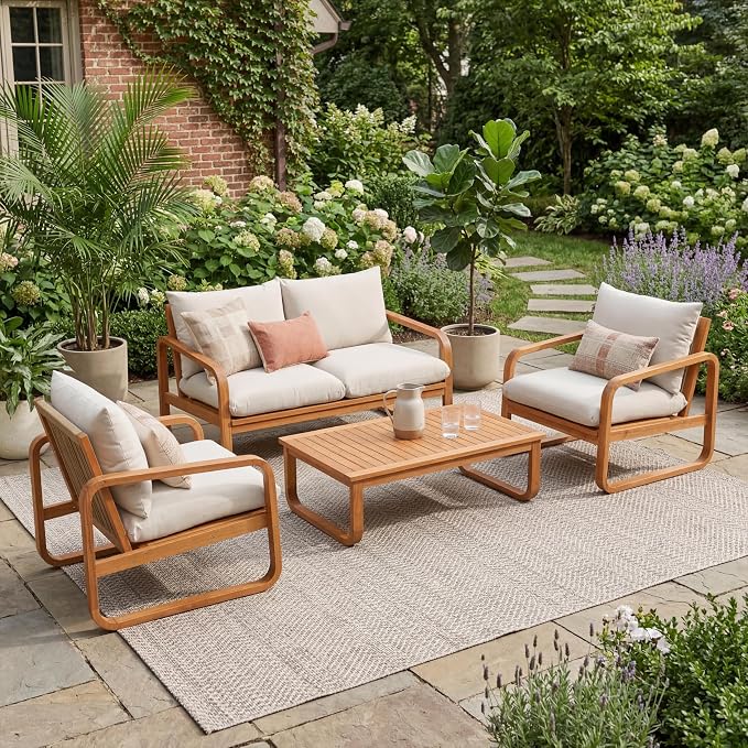 Christopher Knight Home Coddy 4-Seater Patio Furniture Set with Coffee Table, 4 Piece Outdoor Acacia Wood Conversation Set with Cushion, Sold Wood Outdoor Sectional Sofa Set, Beige+Natural