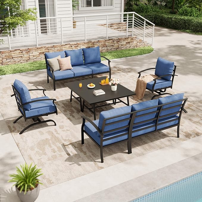 Metal Patio Furniture Set,6 Pieces 8 Seats Patio Sectional Outdoor Furniture Set with 2 Rectangular Coffee Tables,Patio Conversation Sets with 5.1" Thickened Cushions,Navy Blue