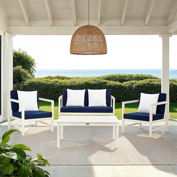 SAFAVIEH Outdoor Collection Montez White/ Navy Cushions/ White Pillows 4-Piece Conversation Patio Set