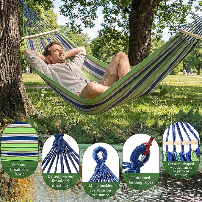 SATINIOR 4 Pack Canvas Portable Camping Hammocks with 4 Carrying Pouch 8 Tree Straps 8 Anti Roll Balance Beam Large 86.6 x 59 Hanging Hammock for Patio Backyard Outdoor, Red & Blue & Green & White