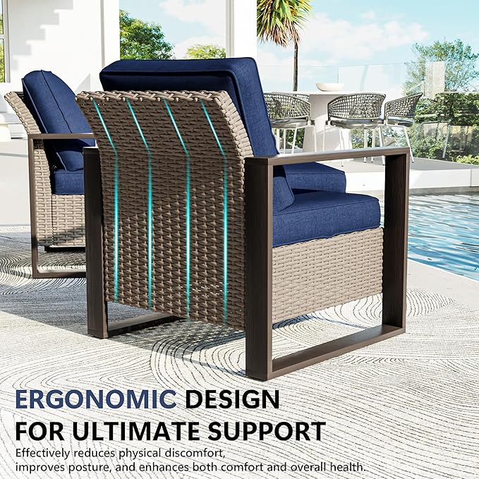 Outdoor Patio Furniture Set, 5 Piece Wicker Patio Conversation with Deep Seating, Thicken Cushions, Outdoor Club Chair, Metal Outdoor Furniture for Deck, Porch, Yard Use (Blue, 5 PCS/Chairs)