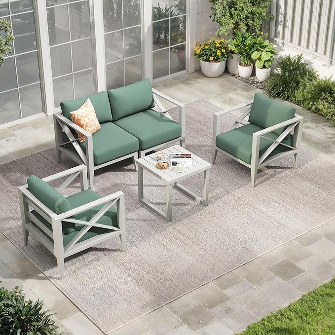 Aluminum Outdoor Furniture Set,4-Seats Patio Sectional Conversation Sofa with 5.2" All-Weather Cushions and Coffee Table,Patio Furniture Set for Deck, Porch, Garden (Brown)