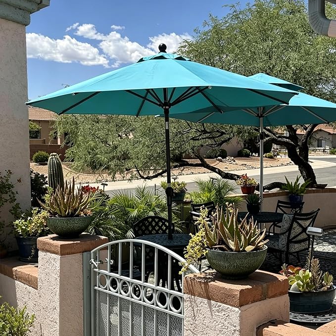 PURPLE LEAF 9' Round Patio Umbrella Outdoor Table Umbrella Aluminum Frame Market Umbrella Sun Umbrella with 8 Sturdy Ribs Tilt for Garden Deck Lawn Pool Turquoise Blue