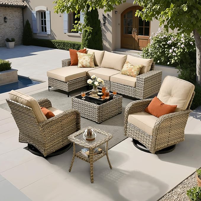 ovios 8-Piece Patio Furniture Set with L-Shape Sofa Chaise, Outdoor Sectional Couch Swivel Gliders, Modern Modular Wicker Rattan Conversation Set, Beige