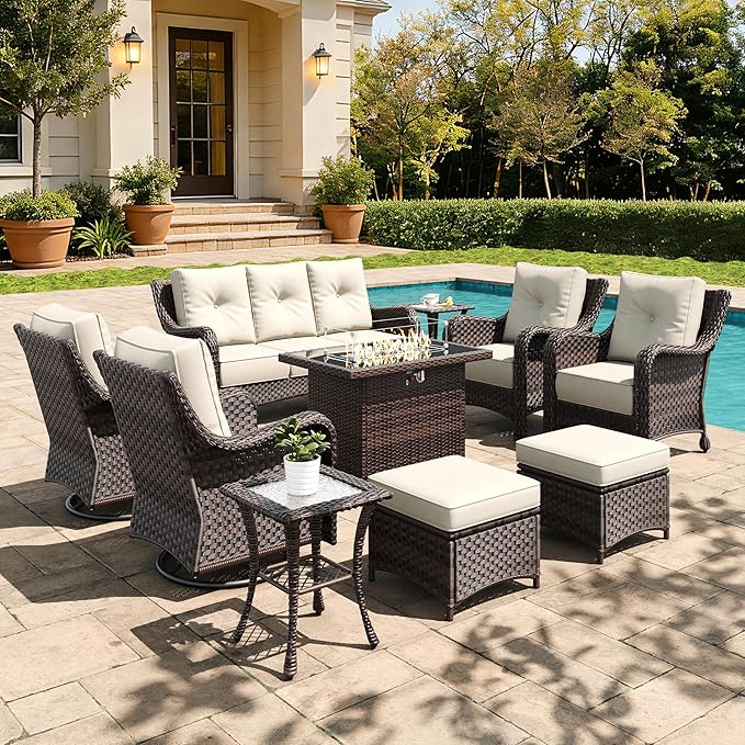10 Pieces Outdoor Furniture Set with 6-inch Cushions, High Back Wicker Swivel Rocker Chairs with Fire Pit Table, Luxury Conversation Set for Deck Patio and Poolside