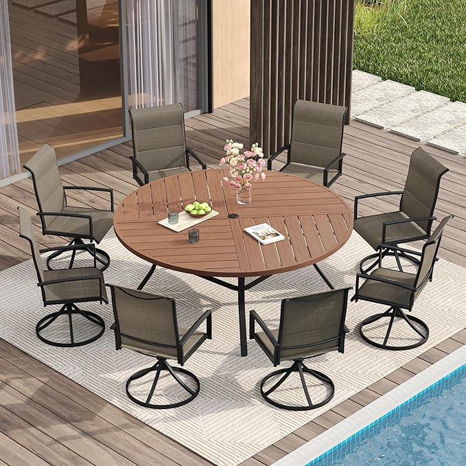 VICLLAX Patio Dining Set for 8, 8 Seats Outdoor Furniture Includes 59.9" Round Patio Table and Swivel Padded Chairs, Walnut Tabletop and Mixed Brown Fabric