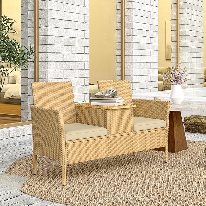 Chair with Center Table, Patio Loveseat for Garden Porch, Chairs with Coffee Table, Patio 2-Seat Chair,Outdoor Patio Loveseat Modern Patio Conversation Set & Built-in Coffee Table Porch Furniture