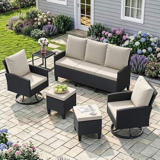 Amopatio Outdoor Patio Furniture Set, 6 Pieces Conversation Sofa with 360° Swivel Chairs, All Weather Wicker Outdoor Furniture for Backyard Garden Pool Deck,Beige