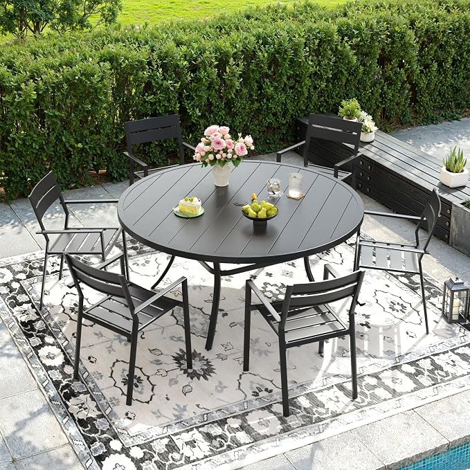 DIFY 7 Piece Outdoor Patio Dining Set for 6, Patio Table and Chairs Set with Umbrella Hole, 50" Round Dining Table and Stackable Metal Chairs for Backyard Garden Poolside, Black