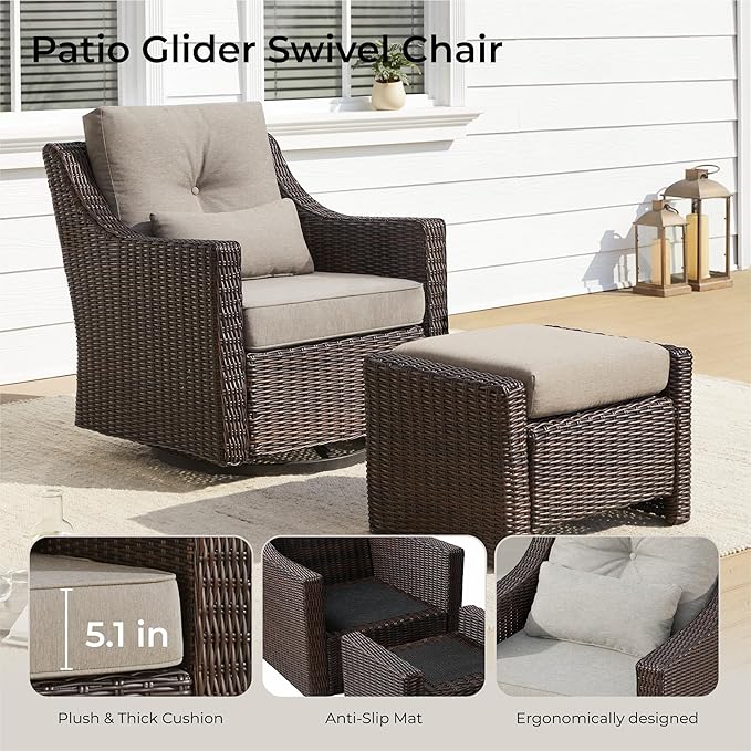 CHITA 6 Pieces Wicker Patio Furniture Set, Outdoor Conversation Set with 2 Pieces Rattan Rocking Swivel Chairs, 2 Pieces Ottomans and 3-Seater Sofa