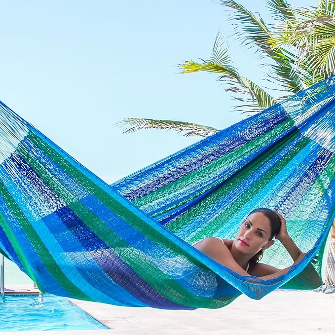 NOVICA Artisan Handmade Hammock Double Mayan Rope Style Nylon in Mexico Blue Striped Beach Bonfire [Bed Size 78in L x 78in W Total Length 158in L] ' Sea Breeze' Double