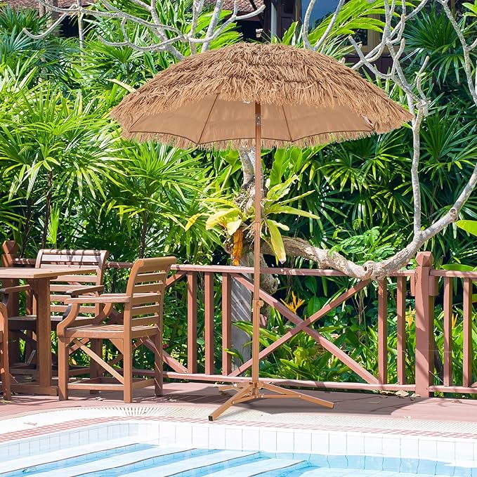 6.5Ft Tiki Umbrella Outdoor Patio, Hawaiian Hula PP Grass Umbrella with Tilt Design, 8 Ribs, Carry Bag & Foldable Base, Thatch Umbrella for Patio, Garden & Pool