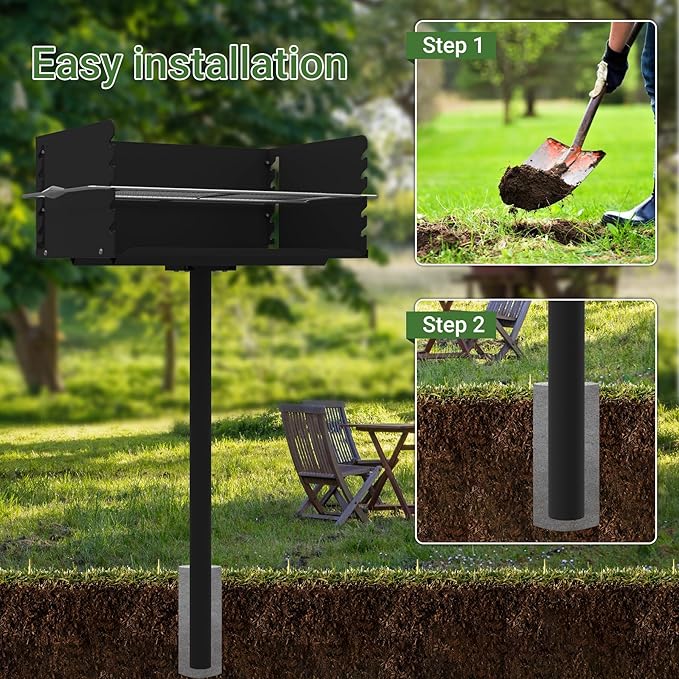 Park Grills, 384 Sq. In, Park Style Charcoal Grill, Heavy Duty In Ground Park Grill with Stainless Steel Cooking Grate and Cover for Commercial and Outdoor Cooking 25.5'' L x 17'' W x 11'' H