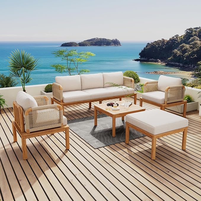 VilroCaz Outdoor 5-Piece Acacia Wood and Rope Patio Sofa Set, All-Weather Conversation Set with Coffee Table and Thick Cushions for Garden Backyard Balcony (Teak+Beige-5P)