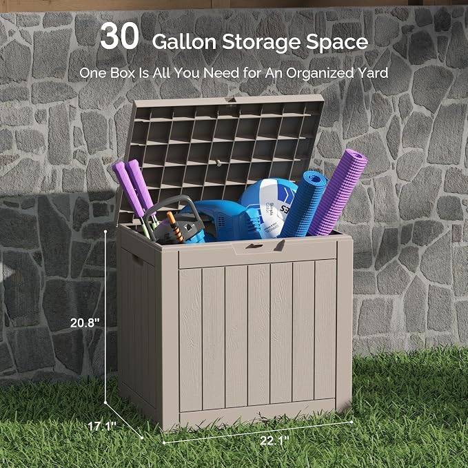 Sersper 30 Gallon Deck Box, Outdoor Lockable Storage Resin Box for Package-Sports Equipment-Garden Tools, Waterproof and UV Resistant Patio Storage Box, Grey