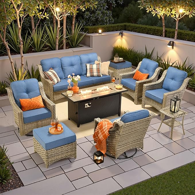 9 PCS Outdoor Patio Furniture Sets,Patio Conversation Sets Outside Rattan Soft Cushion Sofa with 2 Wicker Rocking Chairs & 54 in Fire Pit Table Fit Backyard Porch Garden Poolside Balcony,Diamond Blue