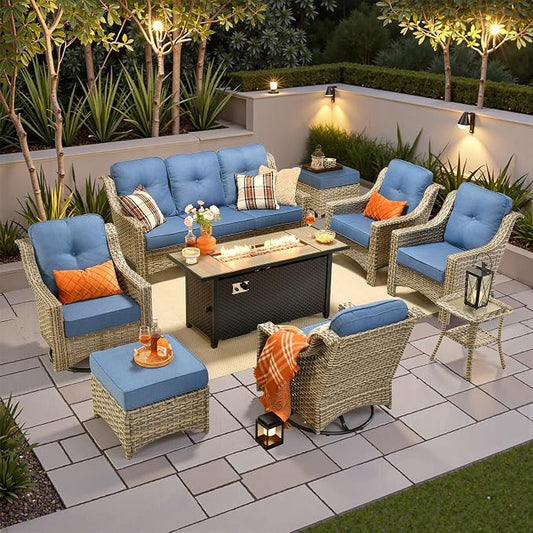9 PCS Outdoor Patio Furniture Sets,Patio Conversation Sets Outside Rattan Soft Cushion Sofa with 2 Wicker Rocking Chairs & 54 in Fire Pit Table Fit Backyard Porch Garden Poolside Balcony,Diamond Blue