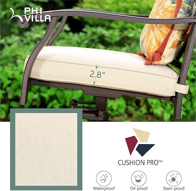 PHI VILLA 3 Pcs Cast Aluminum Patio Bistro Set, 2 Extra Wide Swivel Chairs with Cushion & 1 Round Bistro Dining Table with Umbrella Hole