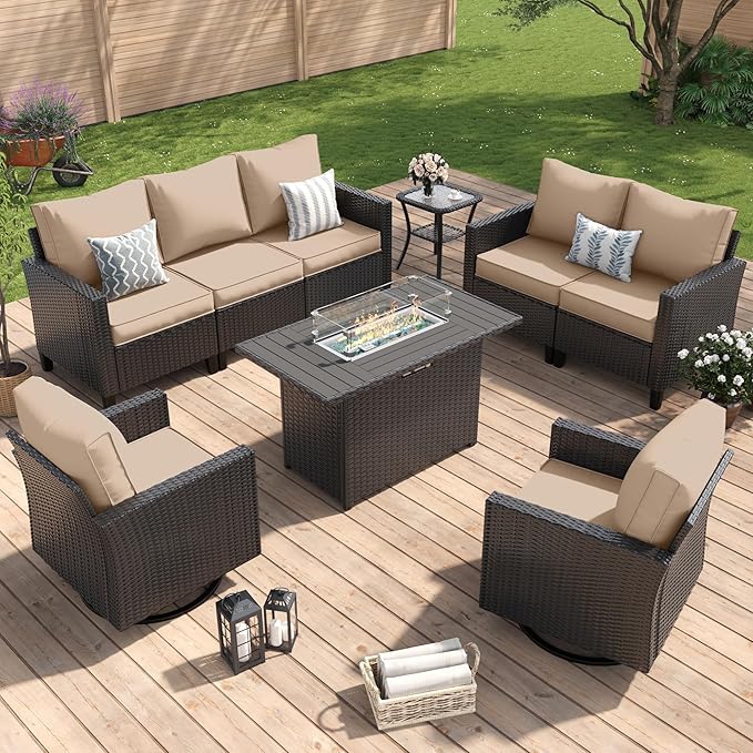 Amopatio Patio Furniture Set, 6-Piece Wicker Outdoor Sectional Sofa with Swivel Rocker Chairs, Rattan Conversation Set with Fire Pit Table and Waterproof Cover for Backyard Black/Khak