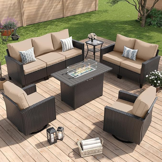 Amopatio Patio Furniture Set, 6-Piece Wicker Outdoor Sectional Sofa with Swivel Rocker Chairs, Rattan Conversation Set with Fire Pit Table and Waterproof Cover for Backyard Black/Khak