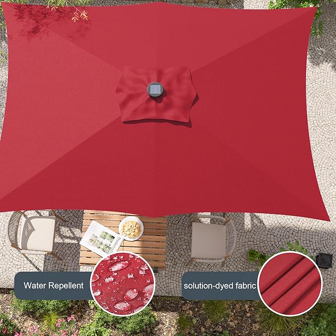 Rectangle Patio Umbrella with Solar Lights, 6x9ft Outdoor Rectangular Table Market Umbrella Patio with Push Button Tilt and Crank for Pool, Deck, Garden,Backyard