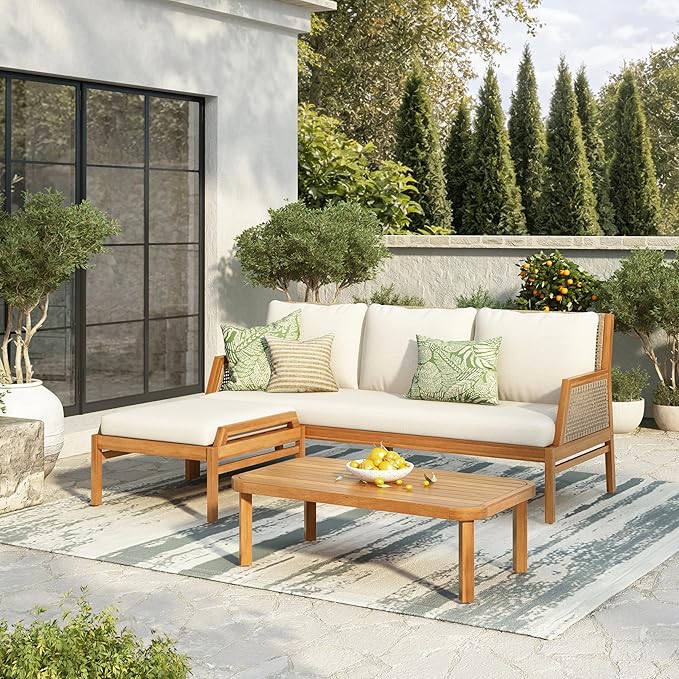 Christopher Knight Home Pony 3 Piece Acacia Wood Patio Conversation Sofa with Coffee Table and Ottoman, Outdoor 3-Seater Sofa Set for Backyard, Outdoor Patio Furniture Set, Teak+Cream+Brown