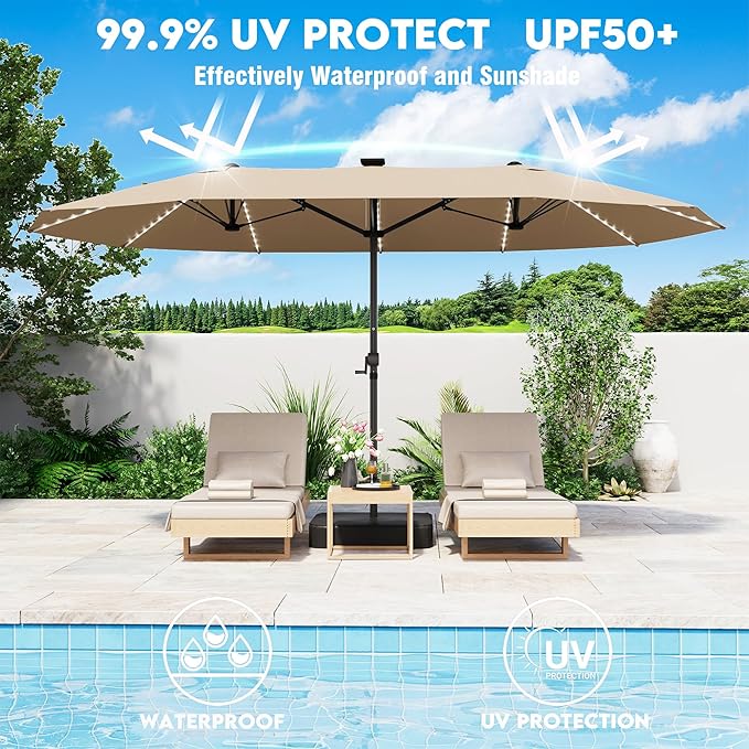 GDPFN 13ft Large Patio Umbrella with Solar Lights, Outdoor Double-Side Rectangular Umbrella with Base Included, Backyard Pool Umbrella with LED Light for Deck, Outside, Market, Beige