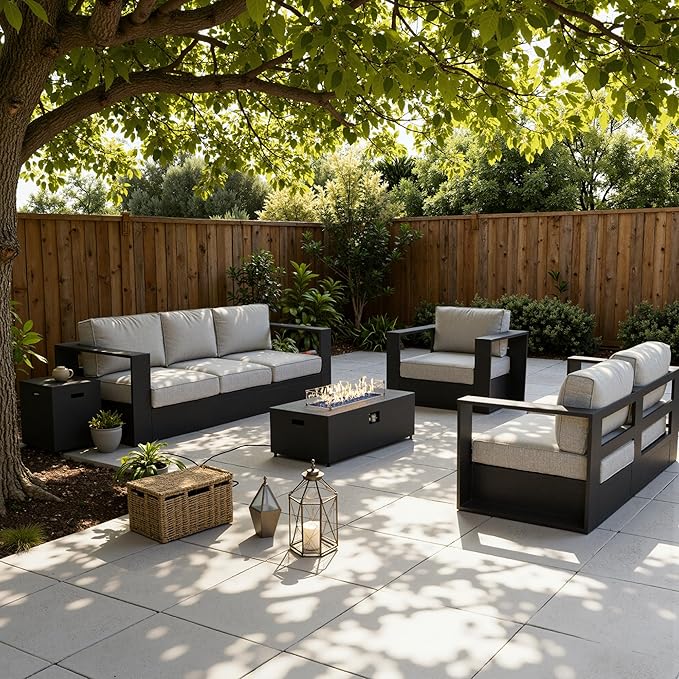 LayinSun Oversized Aluminum Outdoor Furniture Set, 4 Piece Patio Sofa Sets with Fire Pit Table, Deep Seating and Upgraded 6-inch Cushions for Porch, Balcony, Deck